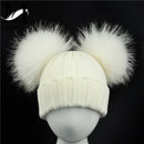 Winter Baby Knit Hat With Two Fur Pompoms Boy Girls Natural Fur Ball Beanie Kids Caps Double Real Fur Pom Pom Hat for Children
