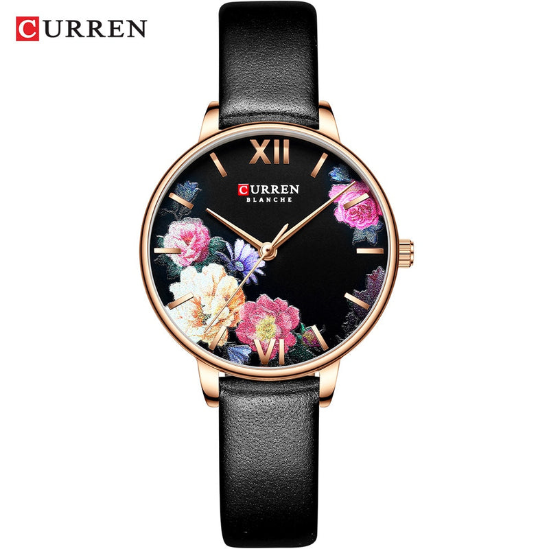 CURREN, nuevos relojes de flores para mujer, pulsera de acero inoxidable, reloj de pulsera, reloj de cuarzo a la moda para mujer, reloj informal para mujer