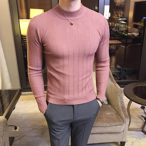 Pullover Herren Pullover 2022 Korean Casual Striped Solid Pullover Herren Halbhoher Kragen Stretch Enger Pullover Slim Fit Strickoberteile