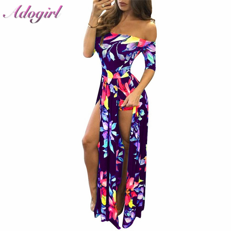 Vestido largo de playa Hobo con estampado Floral para mujer, vestido elegante de verano con hombros descubiertos y media manga con abertura alta, Vestidos de fiesta, atuendo, Vestidos de playa