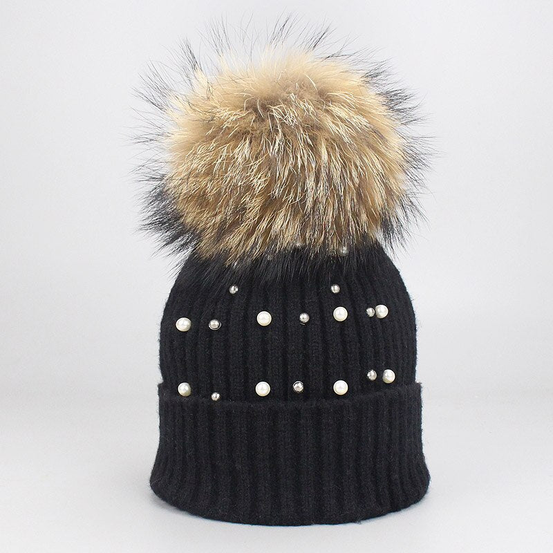 New Wool Beanies Women Real Natural Fur Pom Poms Fashion Pearl Knitted Hat Girls Female Beanie Cap Pompom Winter Hats for Women