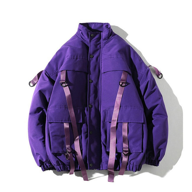 2021 Men Winter Jacket Ribbons Pockets Thick Hip Hop Streetwear Parkas Casual Padded Men&