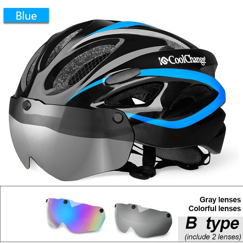 CoolChange Fahrradhelm Integral geformter ultraleichter MTB Fahrradhelm mit Brille Insektennetz Fahrrad Casco Ciclismo 57-62 CM