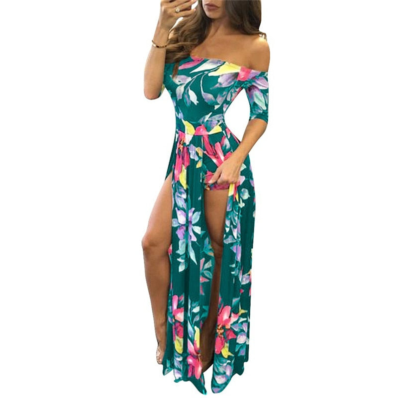 Vestido largo de playa Hobo con estampado Floral para mujer, vestido elegante de verano con hombros descubiertos y media manga con abertura alta, Vestidos de fiesta, atuendo, Vestidos de playa