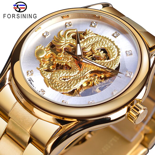 Forsining Classic Dragon Design Silver Acero inoxidable Diamond Display Hombres Relojes de pulsera automáticos Top Brand Luxury Montre Homme