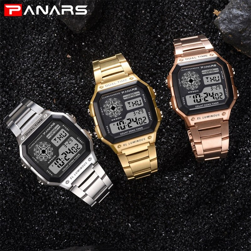 PANARS Reloj Deportivo Digital Men's Watches 50M Waterproof Sports Watch Stainless Steel Wristwatches Relojes Deportivos Zegarek