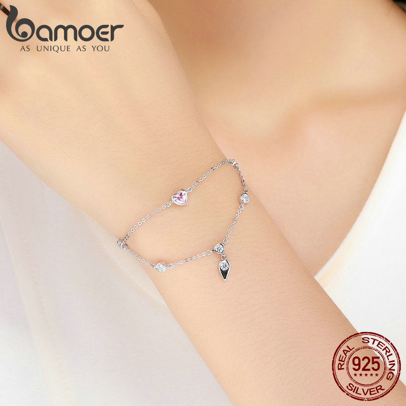 BAMOER romántico nuevo 925 plata esterlina dulce corazón rosa CZ pulseras de doble capa para mujeres joyería de plata esterlina SCB090