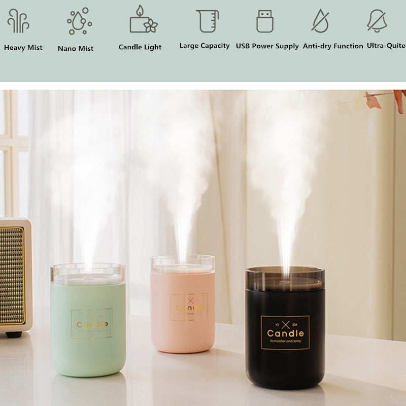 Candle Air Humidifier Portable Ultrasonic Silent Large Capacity USB Aroma Essential Oil Diffuser Home Car Office Purify Anion