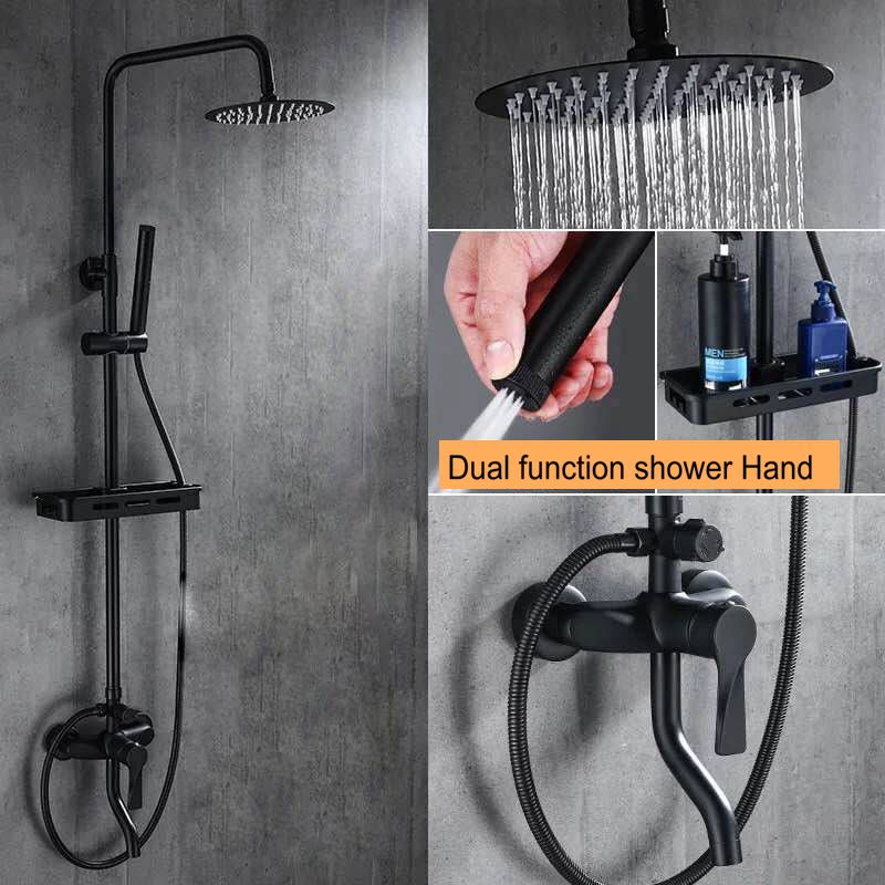 Black Rainfall Shower Faucets Set Wall Mounted Rain Shower Faucet Storage Bath Mixer Tap Hot Cold with Hand Shower EL3903