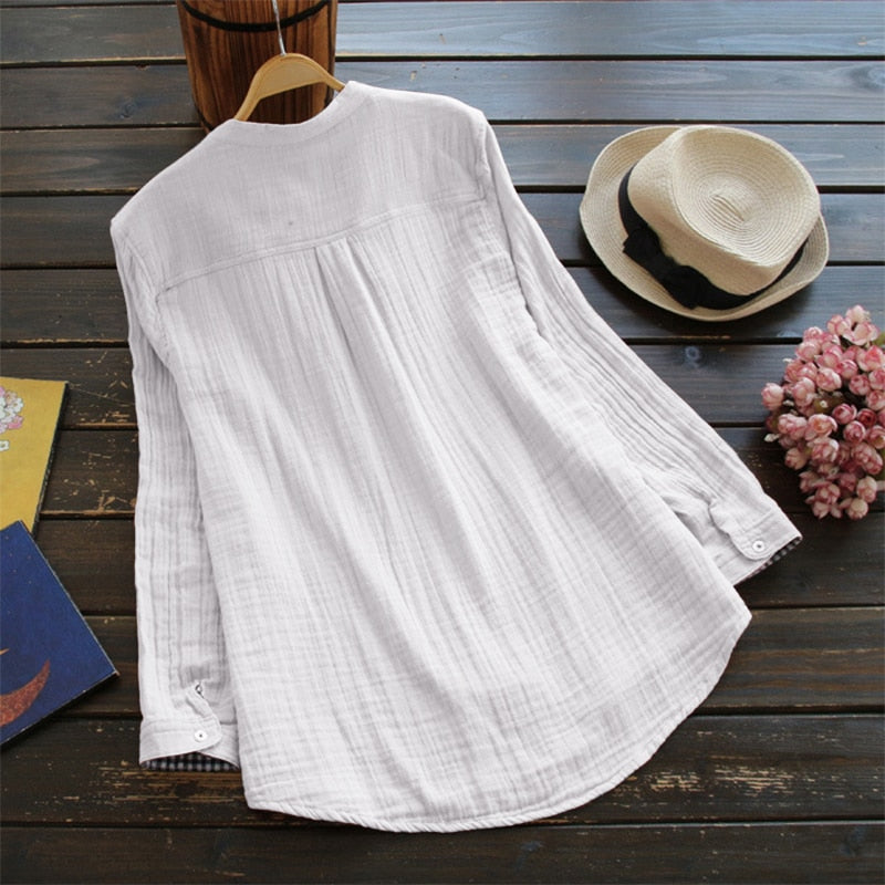 2022  ZANZEA Women Cotton Blouse Solid V Neck Long Sleeve Buttons Pockets Autumn Feminina Blusas Summer Loose Shirt