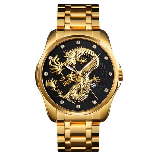 2020 SKMEI lujo dragón chino patrón hombres reloj de cuarzo dorado relojes masculinos relojes de pulsera impermeables Relogio Masculino 9193