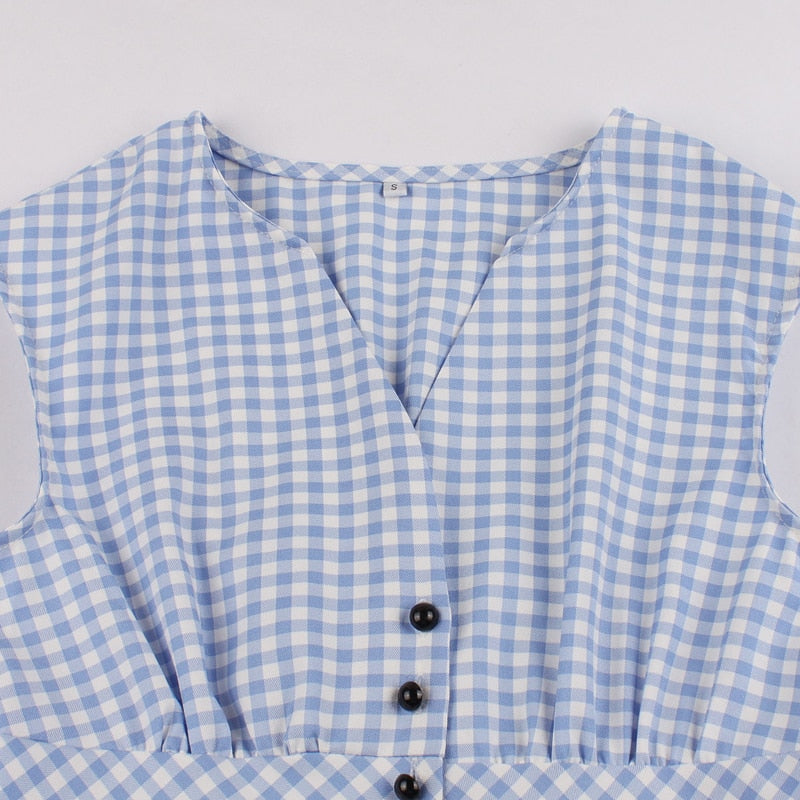 Tonval Gingham Print vestido de verano azul de un solo pecho de cintura alta Vintage ropa de mujer túnica plisada a cuadros vestidos casuales