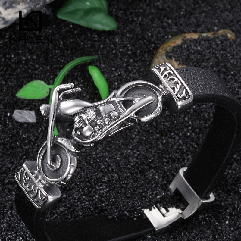 Kalen, nueva y única joyería masculina, pulsera con abalorio de motocicleta de acero inoxidable, pulseras de cuero duraderas Punk Rock, regalo genial barato