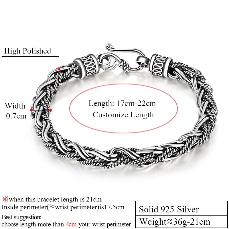 925 Silver Rope Twisted Bracelet for Punk Fashion Male Thai Vintage 100% Sterling Silver Bracelet Bangle Men's Handmade Jewelry