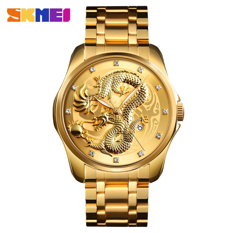 2020 SKMEI Luxus Chinesische Drachen Muster Männer Goldene Quarzuhr Männliche Uhren Wasserdichte Armbanduhren Relogio Masculino 9193