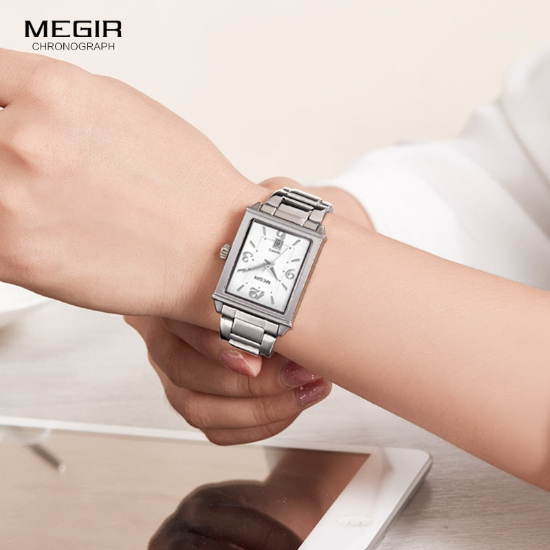 Megir Womens Simple Stainless Steel Quartz Watch with Calendar Date display Fashion Waterproof Dress Wrist Watch for Ladies1079L