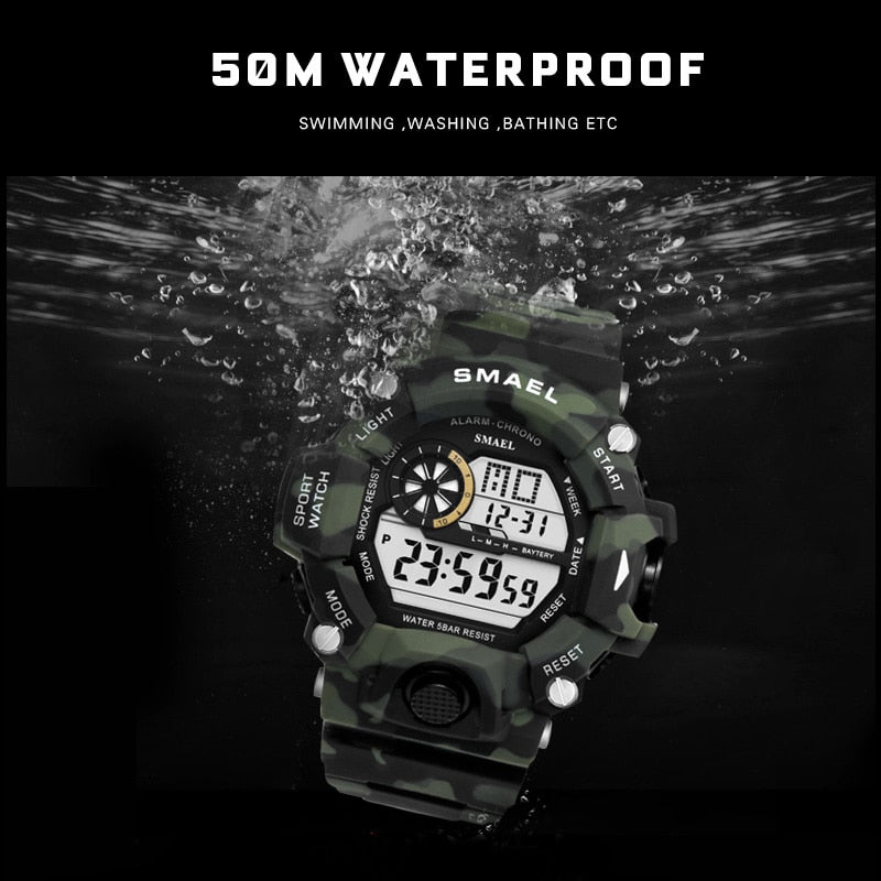 Reloj para hombre 50m resistente al agua SMAEL reloj de lujo para hombre relojes luminosos LED reloj de camuflaje banda 1385C relojes de pulsera digitales militares