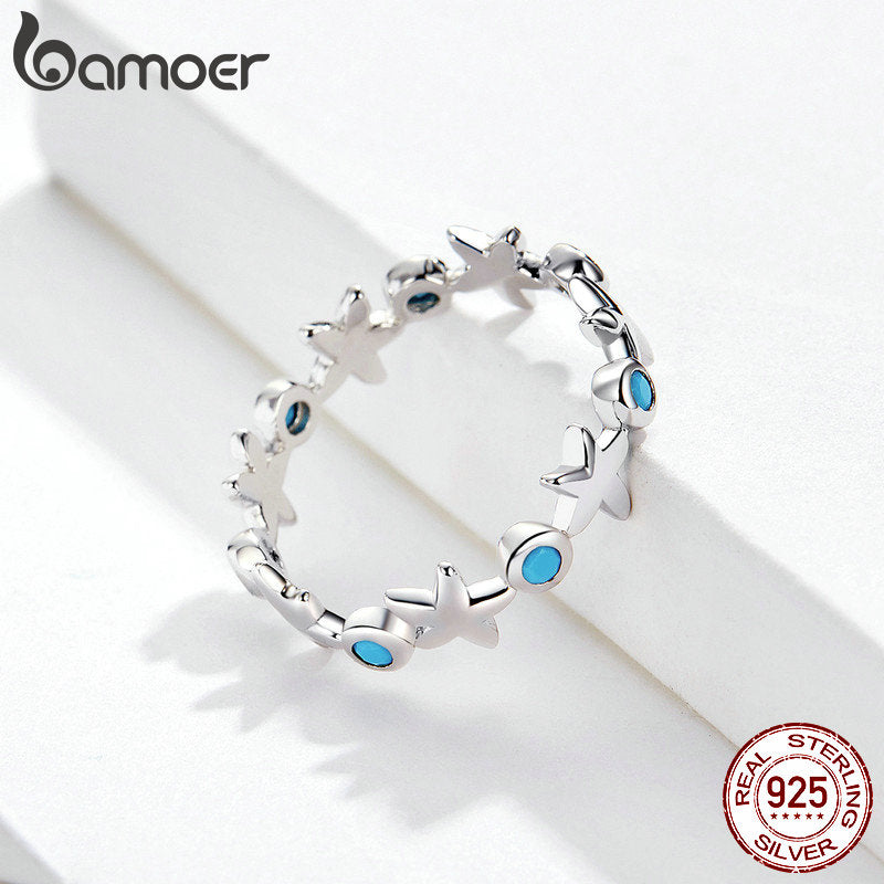 Bamoer 925 Sterling Silver Stackable Starfish Finger Ring Solid Ocean Blue Ring for Women Fine Jewelry Birthday Gift SCR527