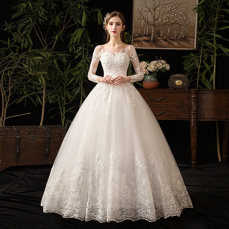 Neues romantisches süßes elegantes Luxus-langes Spitze-Prinzessin-Hochzeitskleid mit Ärmelapplikationen Promi-Braut-Kleid Vestidos De Noiva