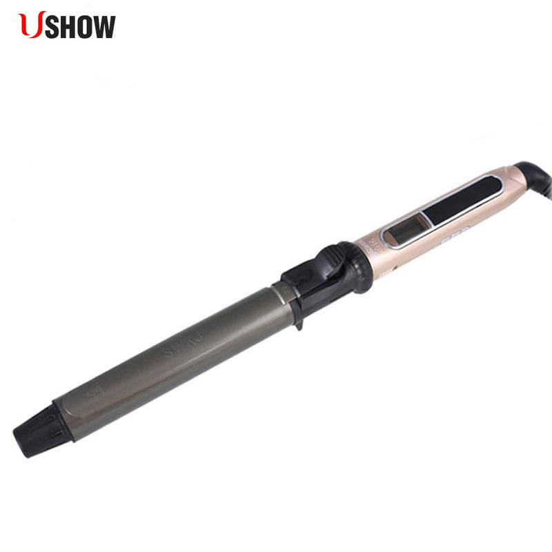 USHOW Professional Rotating Curling Iron Nano Titanium Black + Gold Hair Curler with LED Digital Temperature Display
