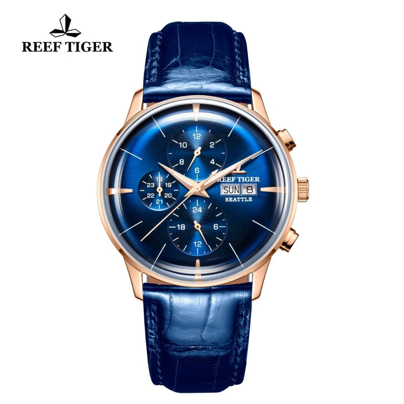 2021 Reef Tiger/RT Luxury Brand Men Watch Waterproof Function Automatic Watches All Blue Leather Strap Relogio Masculino RGA1699