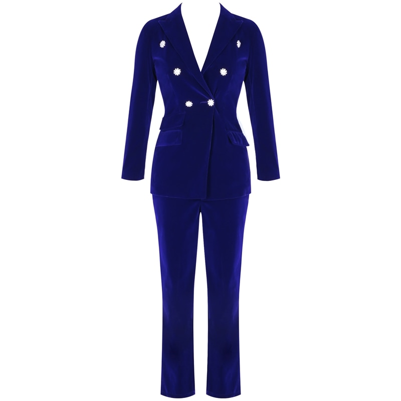 Ocstrade Sommer-Sets für Frauen 2020 New Navy Blue V-Ausschnitt Langarm Sexy 2-teiliges Set Outfits Hochwertiger Zweiteiler Anzug