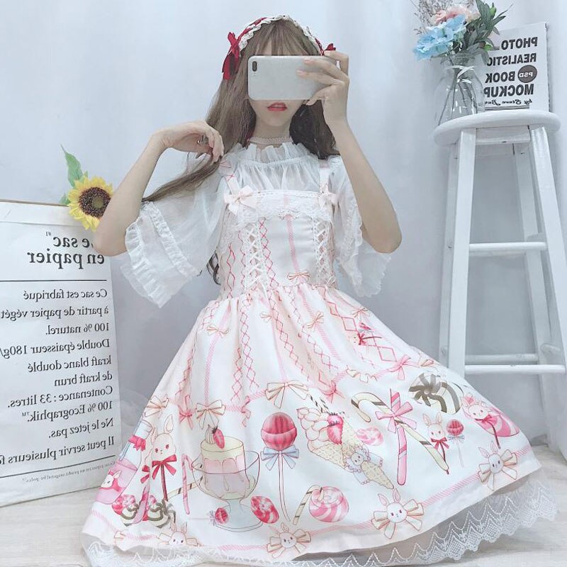 Japanese JSK Lolita Dress women summer dress sweet soft girl wind cute cartoon lolita suspender dress cute