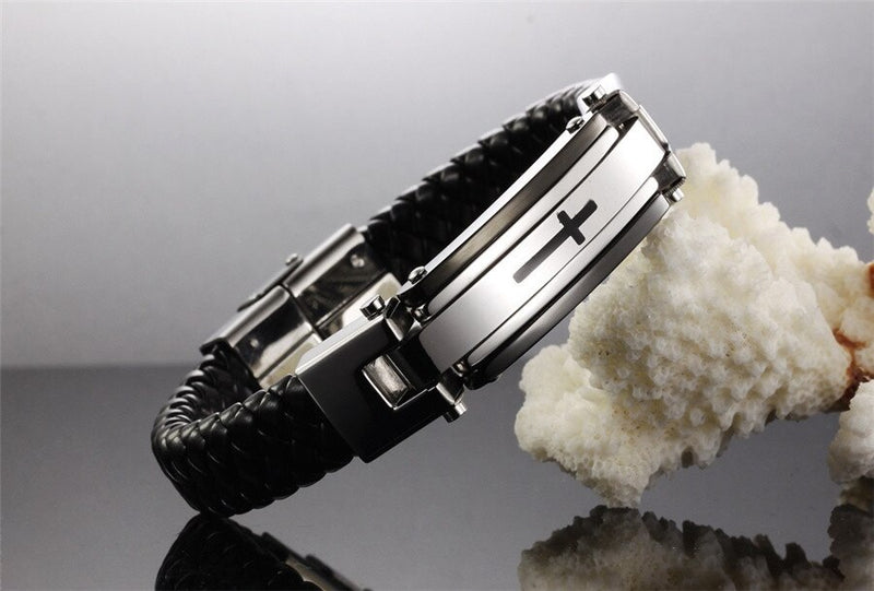 XQNI Vintage Leather Wrap Bracelet For Man Fashion Handmade Knitted Bangle Black Color Full Steel Cross Men Jewelry