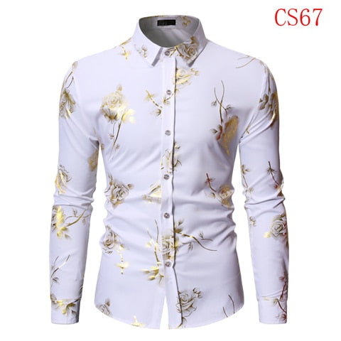 Herren Gold Rose Blumendruck Hemden Marke Floral Steampunk Chemise Weiß Langarm Hochzeit Party Bronzing Camisa Masculina