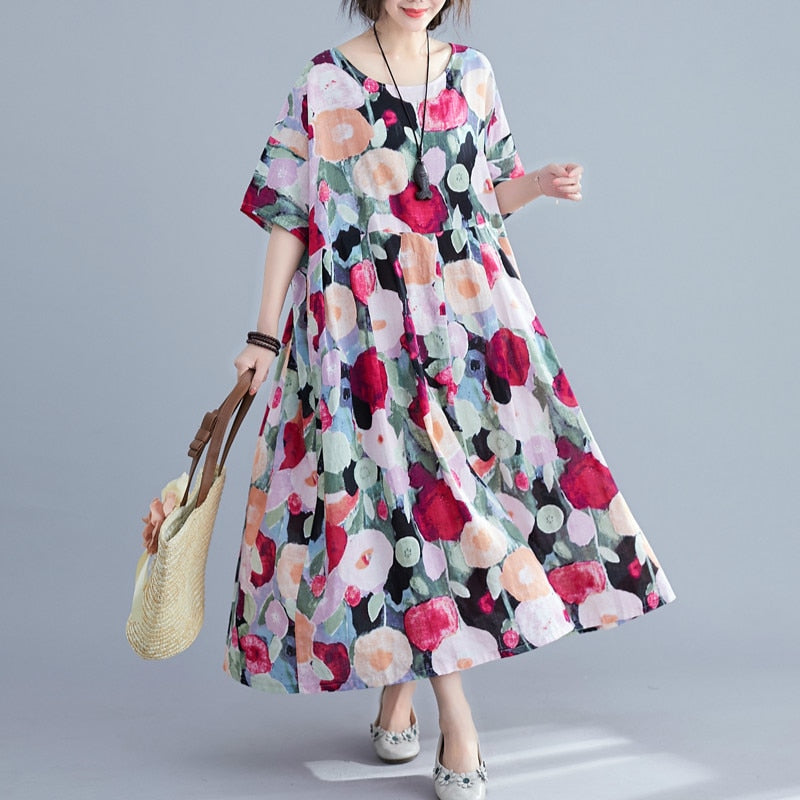 Übergroßes Sommer-Blumen-Boho-Kleid Frauen Polka Dot Baumwolle Lange Damenkleider Lose Große Robe Femme Strandkleid 2022