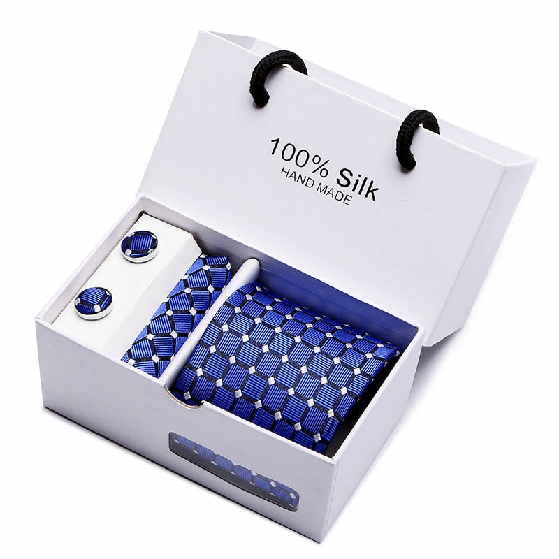 New Design Tie Set With Gift Box Jacquard Woven gravata Silk Tie Hanky Cufflinks Necktie Sets For Wedding Party Men