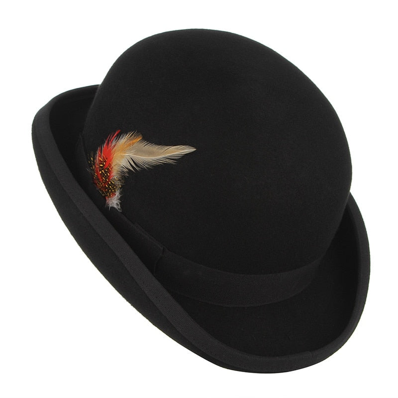 GEMVIE 4 Sizes 100% Wool Felt Black Derby Bowler Hat For Men Women Feather Satin Lining Casual Formal Fedora