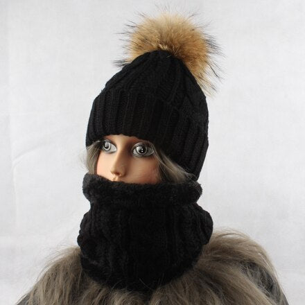 Gorro con bufanda para mujer, gorro de lana cálido en el interior, gorro de invierno para niñas, gorro con pompón de piel de visón Real, gorros de punto para mujer, 2021