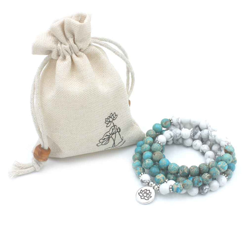 108 Beads Buddhist Mala Bracelet Howlite Natural Stone and Lotus Charm Women Bracelet Meditation Spiritual Jewelry Free Shipping