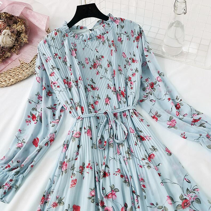 2022 New Women Spring Print Dresses Long Sleeve Chiffon Pleated Dress Casual Ruffle Flare Sleeve Long Dress Loose Vestidos