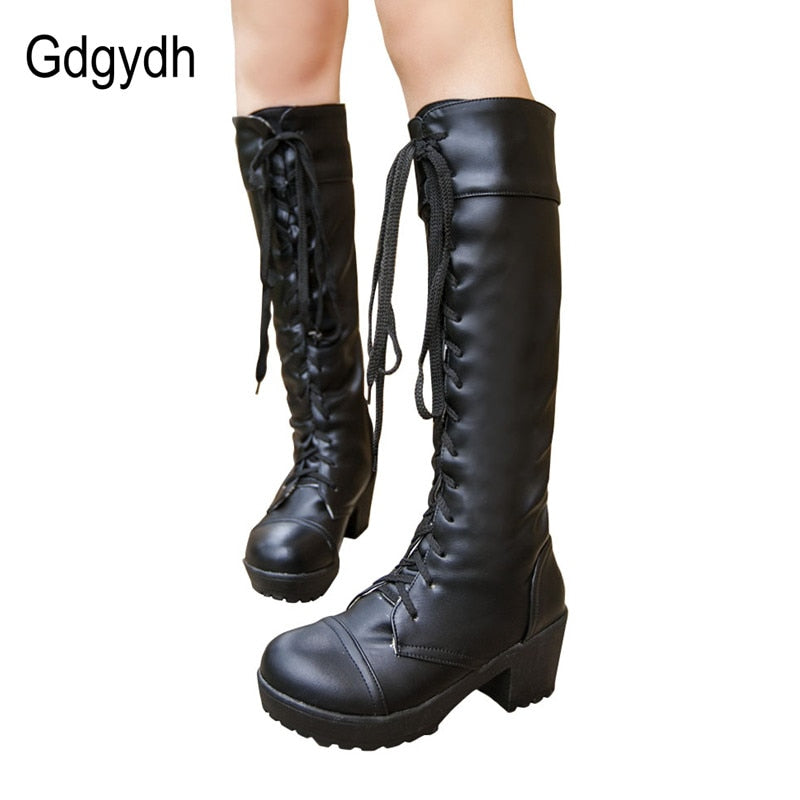 Gdgydh, botas hasta la rodilla de talla grande 43 con cordones para mujer, zapatos de tacón cuadrado blanco a la moda de cuero suave para otoño, gran oferta de invierno para mujer