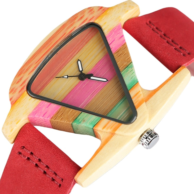 Reloj de madera colorido único, Reloj creativo con forma de triángulo, Reloj de hora para Mujer, pulsera de cuero de cuarzo, Reloj de pulsera para Mujer