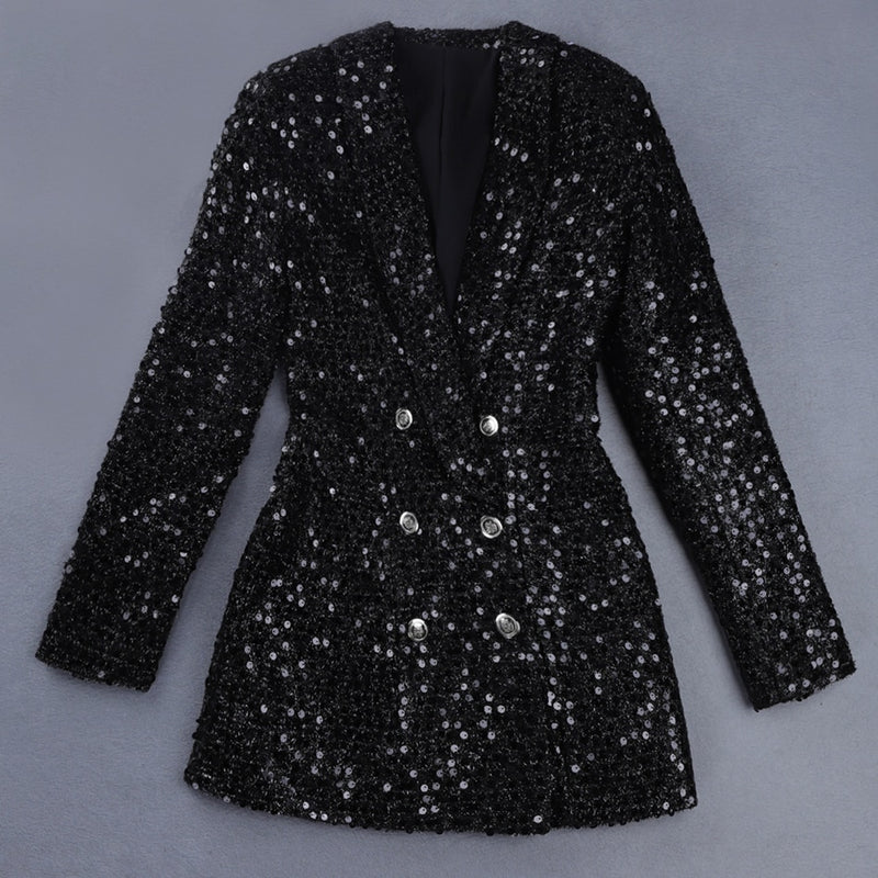 Chaqueta de diseñador de moda de alta calidad 2021 para mujer, doble botón de León, chal, cuello, lentejuelas brillantes, chaquetas negras largas de pasarela