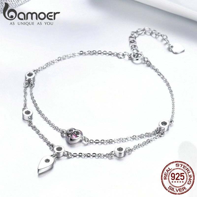 BAMOER romántico nuevo 925 plata esterlina dulce corazón rosa CZ pulseras de doble capa para mujeres joyería de plata esterlina SCB090