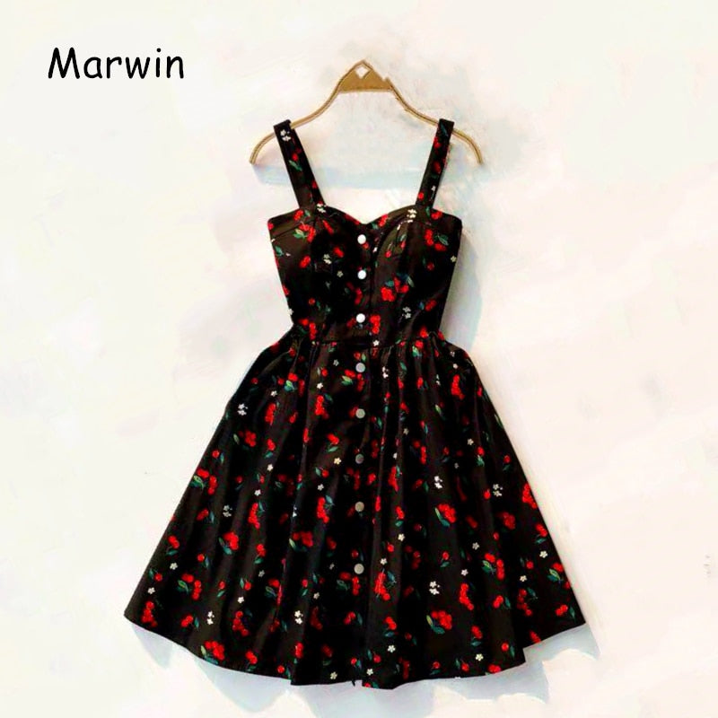 Marwin New-Coming Summer Women Spaghetti Strap Print Floral Sleeveless Empire Beach Dresses High Street Style