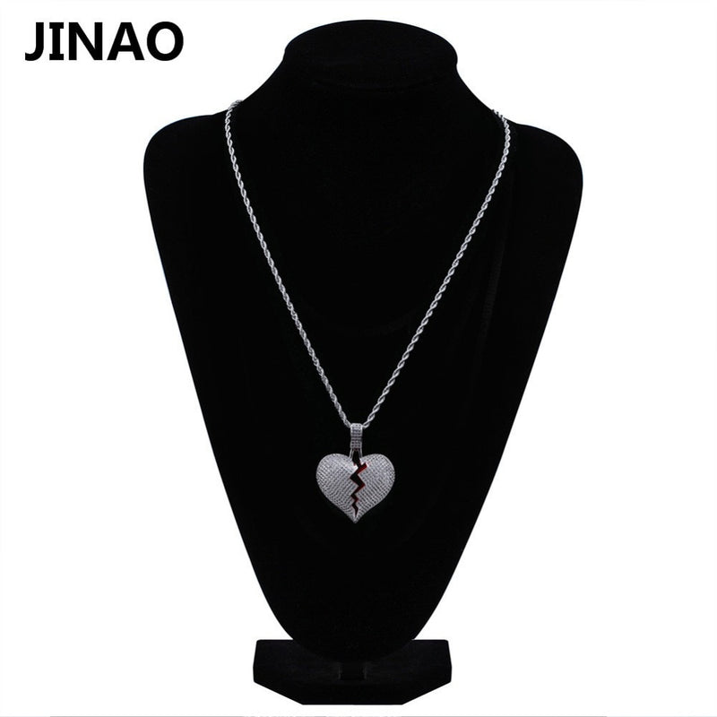 JINAO Fashion Broken Heart Iced Out Chain Pendant Necklace Statement Gold Color Cubic Zircon Necklace Hip Hop Men&