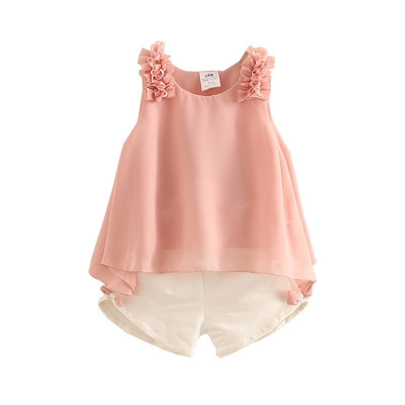 2023 Casual Cute 2 3-4 6 8 10 Years Solid Color Bow Flower Sleeveless T-shirt+Shorts 2 Pcs Baby Kids Girls Summer Clothing Set