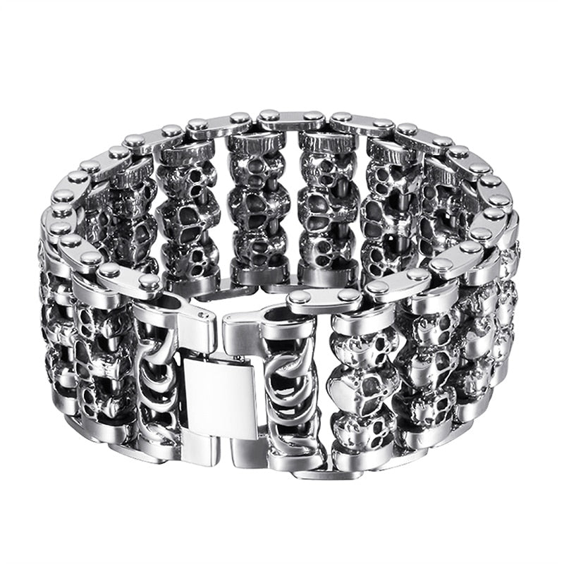 Fongten, venta al por mayor, pulseras de acero inoxidable con calavera ancha para hombres, abalorio vikingo de motorista de Metal, pulsera grande de plata para hombres, brazalete, joyería