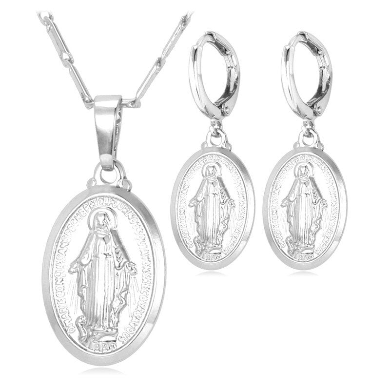 U7 Virgin Mary Jewelry Set Women Bride Wedding Platinum/Rose Gold / Gold Miraculous Medal Necklace &amp; Earrings Sets  S619