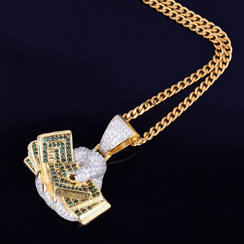 Hand Geld Dollar Halskette &amp; Anhänger Gold Farbe AAA Kubikzircon Hip Hop Rock Schmuck