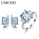 UMCHO 925 Sterling Silver Jewelry Sets for Women Gemstone Sky Blue Topaz Ring Clip Earrings Female Wedding Engagement Jewelry