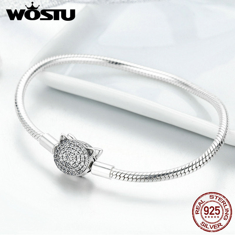 WOSTU Authentisches 100% 925 Sterling Silber Nette Katze Glitzernde CZ Schlangenkette Armbänder Armreif für Frauen Silberschmuck