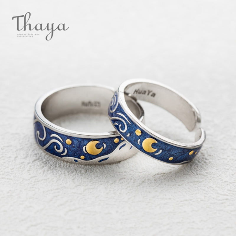 Anillos de pareja de esmalte de Thaya Van Gogh Sky Star moon s925 anillos de plata con purpurina anillo de compromiso joyería de boda para mujer