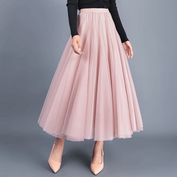 OHRYIYIE Beige Pink Maxi Long Skirt Spring Autumn Womens 2023 New Summer Tulle Skirt Party Mesh A-line Skirts Female Jupe Longue