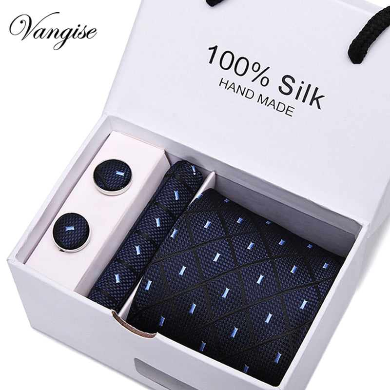 New Design Tie Set With Gift Box Jacquard Woven gravata Silk Tie Hanky Cufflinks Necktie Sets For Wedding Party Men